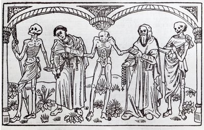 Der Tod nimmt den Mönch und den Abt, aus der Danse Macabre, veröffentlicht in Paris, 1485 von Guy Marchant